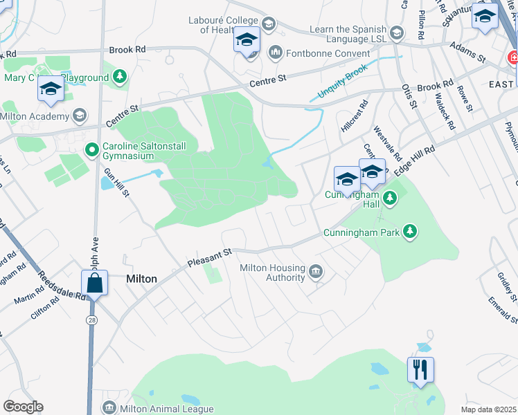 map of restaurants, bars, coffee shops, grocery stores, and more near 51 Bradford Road in Milton