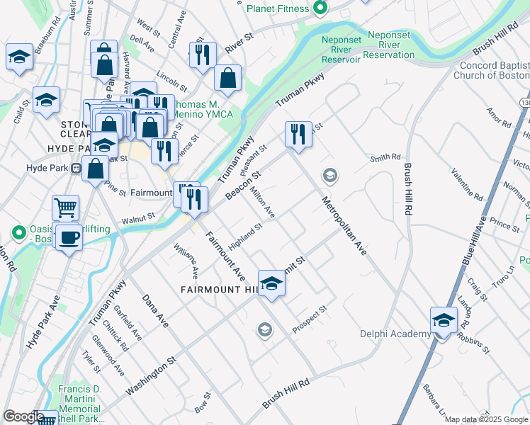 map of restaurants, bars, coffee shops, grocery stores, and more near 60 Milton Avenue in Boston