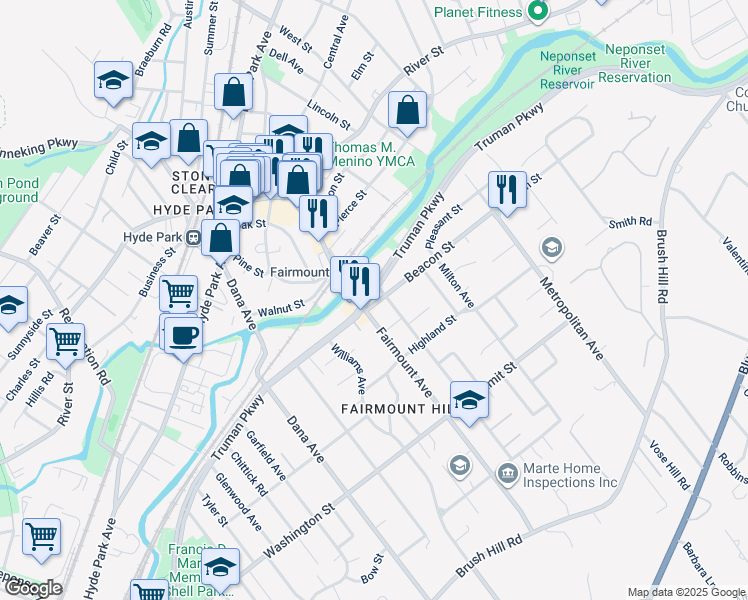 map of restaurants, bars, coffee shops, grocery stores, and more near 5 Warren Avenue in Boston