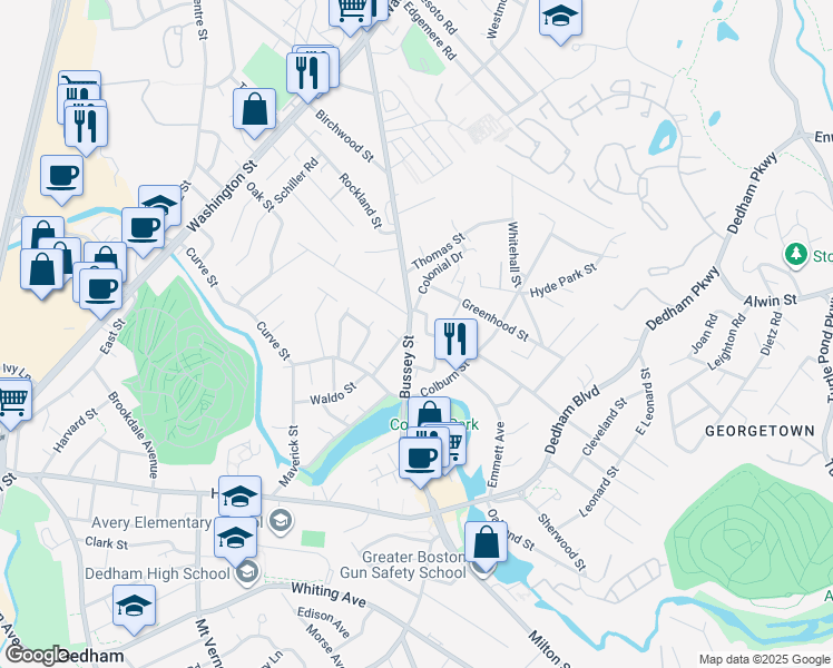 map of restaurants, bars, coffee shops, grocery stores, and more near 87 Bussey Street in Dedham