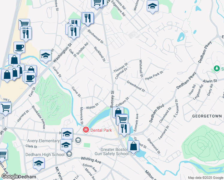 map of restaurants, bars, coffee shops, grocery stores, and more near 87 Bussey Street in Dedham
