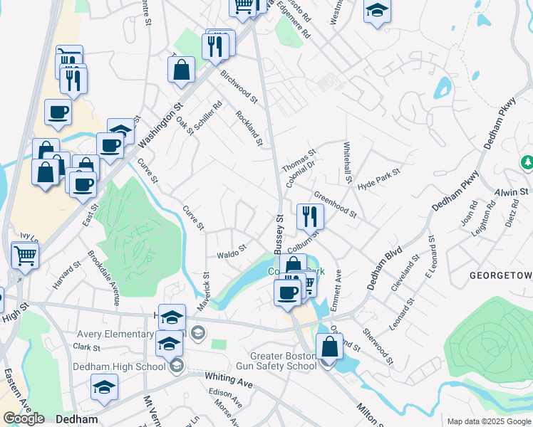 map of restaurants, bars, coffee shops, grocery stores, and more near 87 Bussey Street in Dedham