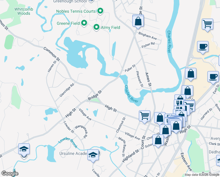 map of restaurants, bars, coffee shops, grocery stores, and more near 561 Bridge Street in Dedham