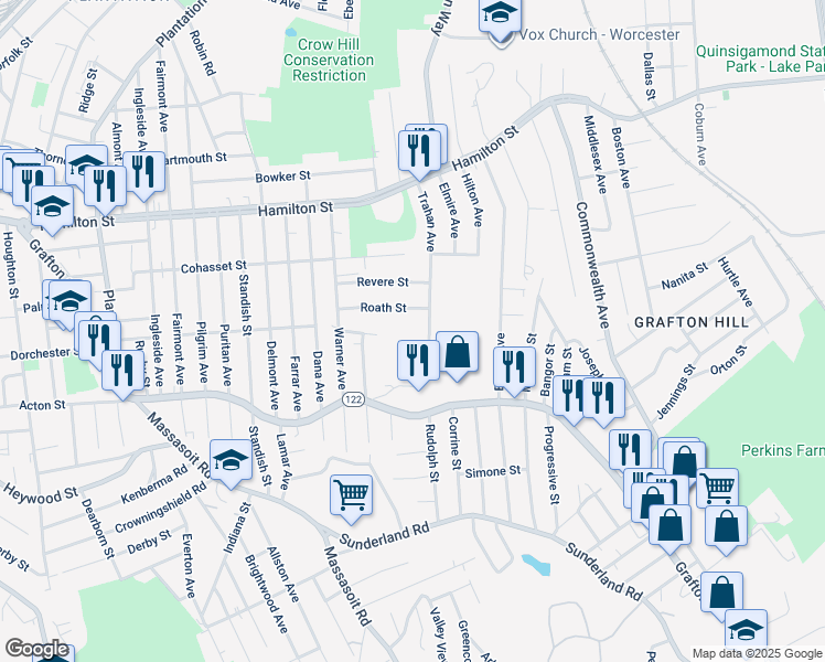 map of restaurants, bars, coffee shops, grocery stores, and more near 33 Roath Street in Worcester
