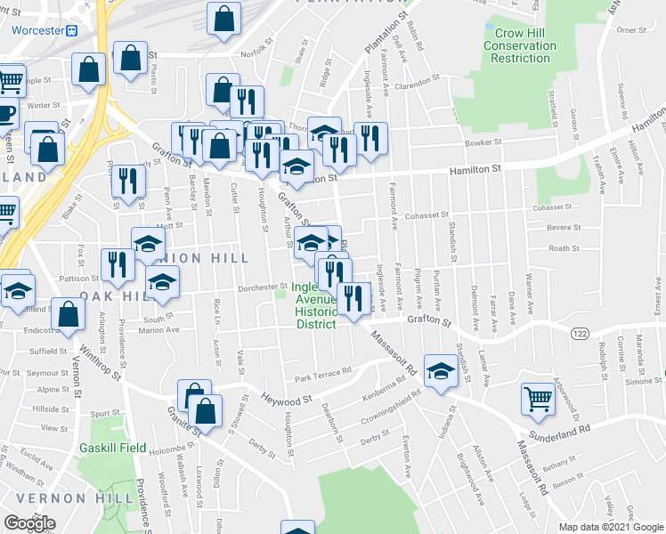 map of restaurants, bars, coffee shops, grocery stores, and more near 413 Grafton Street in Worcester