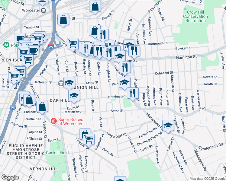 map of restaurants, bars, coffee shops, grocery stores, and more near 47 Houghton Street in Worcester