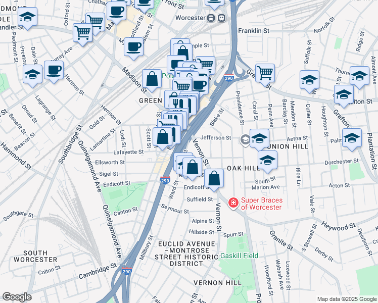 map of restaurants, bars, coffee shops, grocery stores, and more near 22 Vernon Street in Worcester