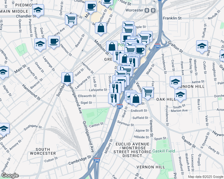 map of restaurants, bars, coffee shops, grocery stores, and more near 14 Scott Street in Worcester