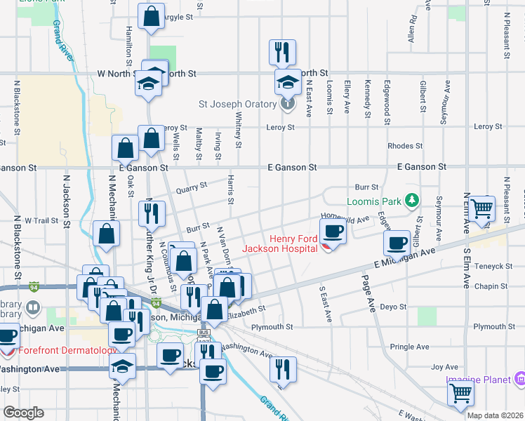 map of restaurants, bars, coffee shops, grocery stores, and more near 516 North State Street in Jackson