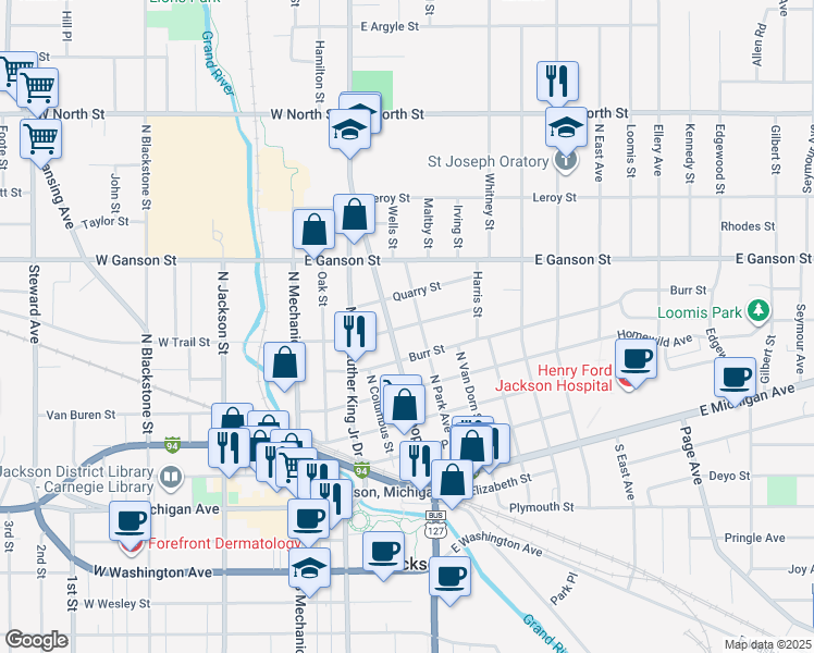 map of restaurants, bars, coffee shops, grocery stores, and more near 409 Quarry Street in Jackson