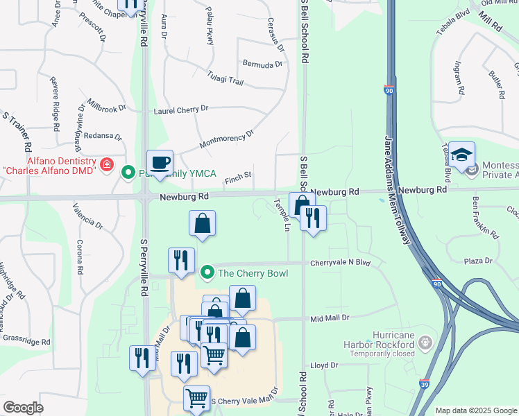 map of restaurants, bars, coffee shops, grocery stores, and more near 1495 Temple Circle in Rockford