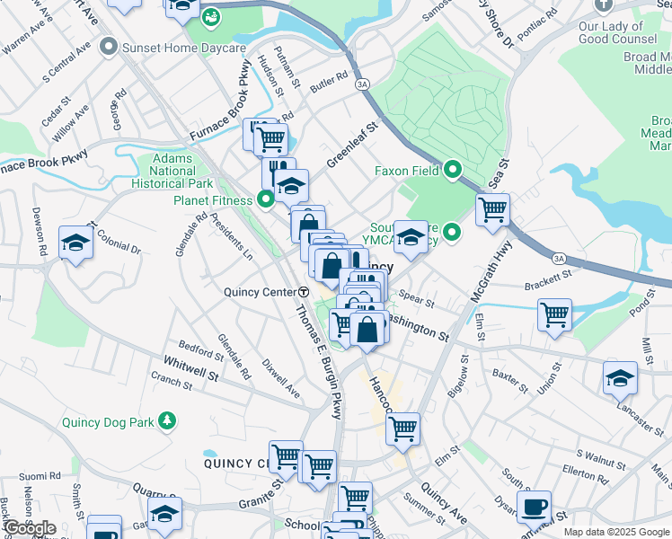 map of restaurants, bars, coffee shops, grocery stores, and more near 18 Russell Park in Quincy