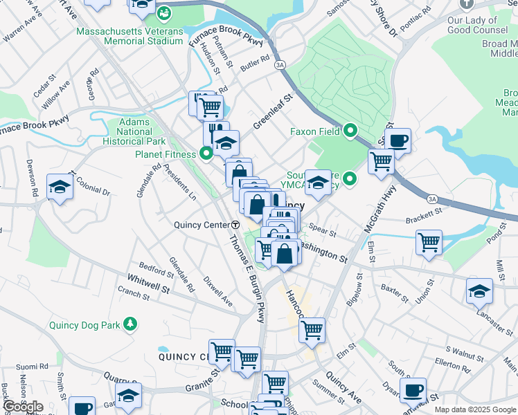 map of restaurants, bars, coffee shops, grocery stores, and more near 1218 Hancock Street in Quincy