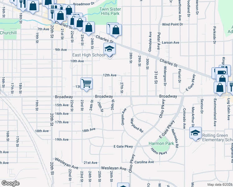 map of restaurants, bars, coffee shops, grocery stores, and more near 3016 Broadway in Rockford