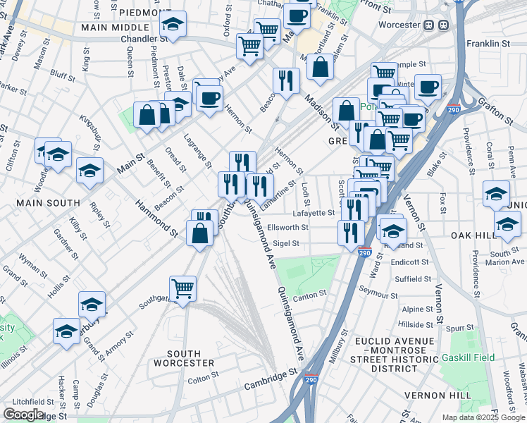 map of restaurants, bars, coffee shops, grocery stores, and more near 133 Lamartine Street in Worcester