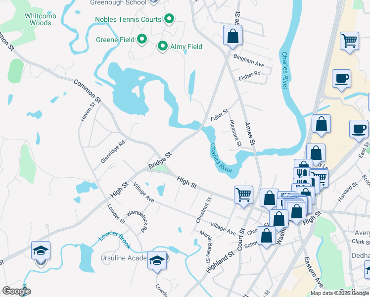 map of restaurants, bars, coffee shops, grocery stores, and more near 561 Bridge Street in Dedham