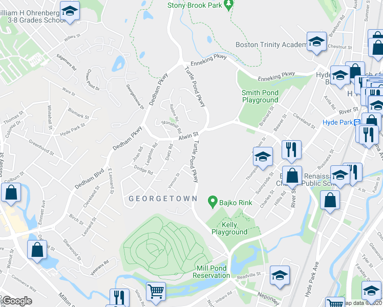 map of restaurants, bars, coffee shops, grocery stores, and more near 214 Turtle Pond Parkway in Boston