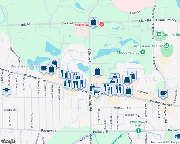 map of restaurants, bars, coffee shops, grocery stores, and more near 2498 Twin Lakes Drive in Ypsilanti