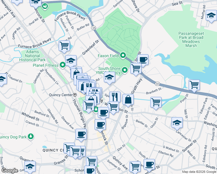 map of restaurants, bars, coffee shops, grocery stores, and more near 52 Coddington Street in Quincy