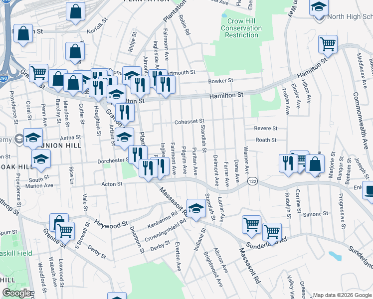 map of restaurants, bars, coffee shops, grocery stores, and more near 161 Pilgrim Avenue in Worcester