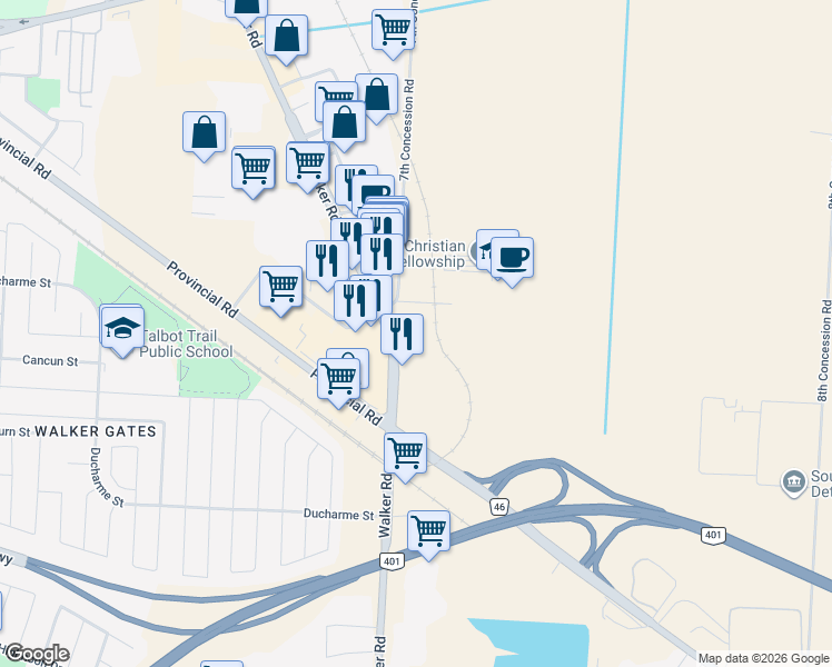 map of restaurants, bars, coffee shops, grocery stores, and more near 4490 Concession Road 7 in Windsor