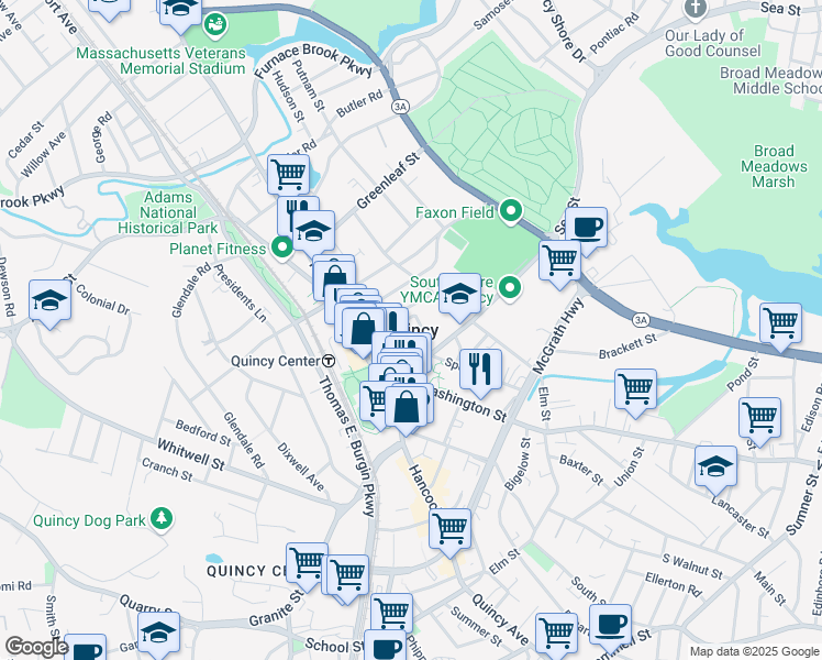 map of restaurants, bars, coffee shops, grocery stores, and more near in Quincy