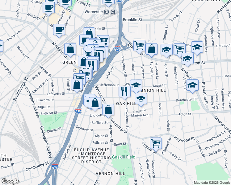 map of restaurants, bars, coffee shops, grocery stores, and more near 24 Jefferson Street in Worcester