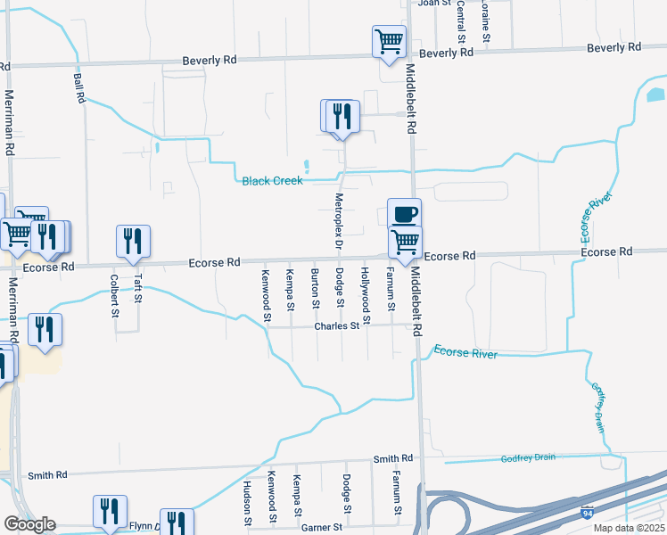 map of restaurants, bars, coffee shops, grocery stores, and more near 29750 Ecorse Road in Romulus
