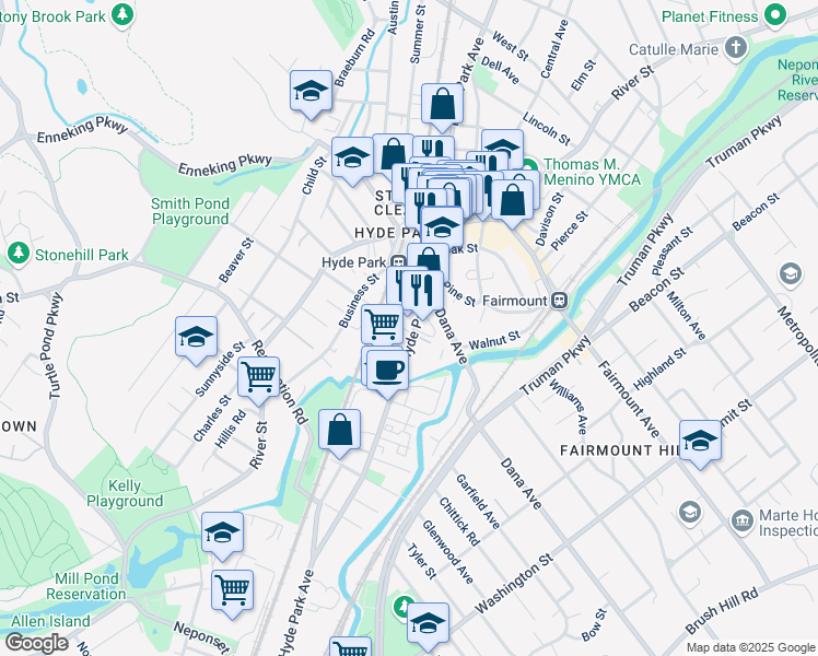 map of restaurants, bars, coffee shops, grocery stores, and more near 51 Hyde Park Avenue in Boston
