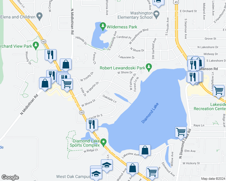 map of restaurants, bars, coffee shops, grocery stores, and more near 19449 Forest Lane in Mundelein