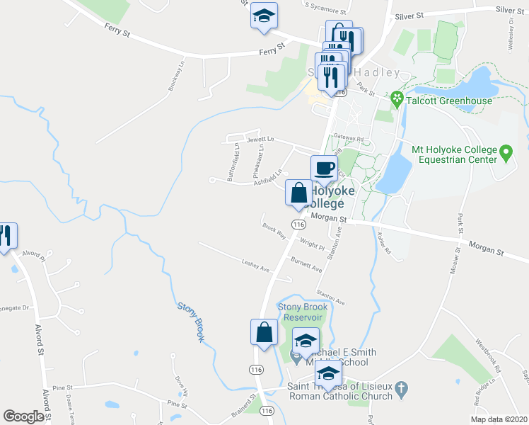 map of restaurants, bars, coffee shops, grocery stores, and more near 99 Brock Way in South Hadley