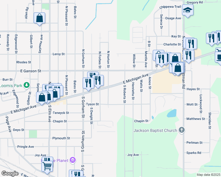 map of restaurants, bars, coffee shops, grocery stores, and more near 2301 East Michigan Avenue in Jackson