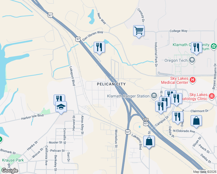 map of restaurants, bars, coffee shops, grocery stores, and more near in Klamath Falls