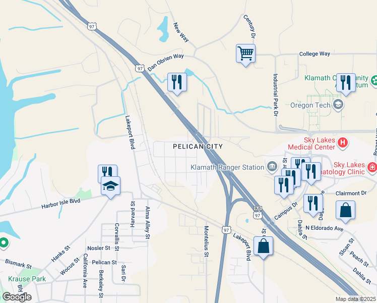 map of restaurants, bars, coffee shops, grocery stores, and more near 308 Coli Avenue in Klamath Falls