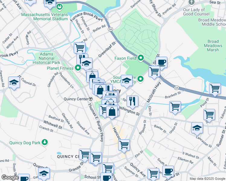 map of restaurants, bars, coffee shops, grocery stores, and more near in Quincy