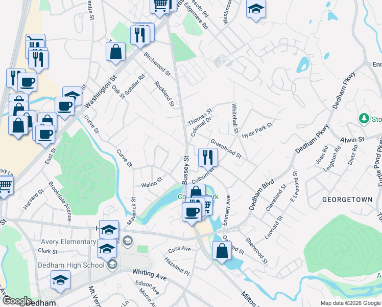 map of restaurants, bars, coffee shops, grocery stores, and more near 87 Bussey Street in Dedham