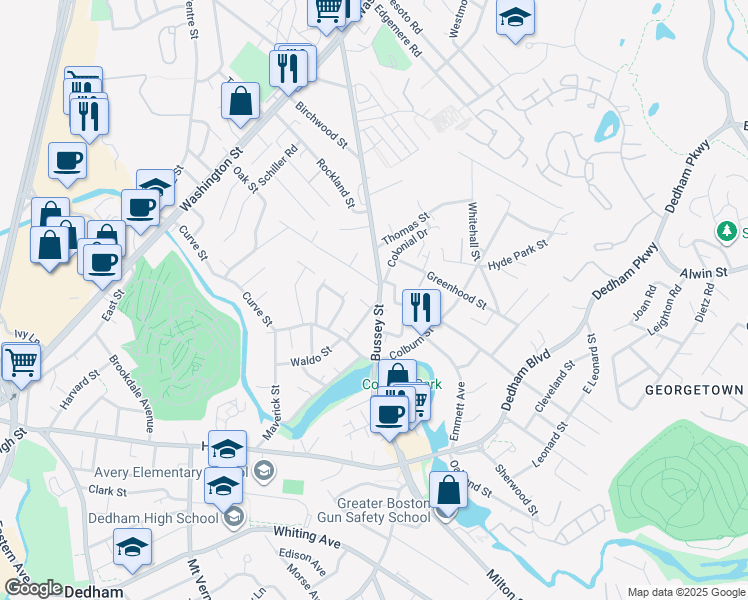 map of restaurants, bars, coffee shops, grocery stores, and more near 87 Bussey Street in Dedham