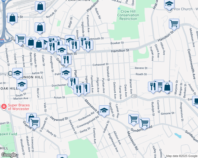 map of restaurants, bars, coffee shops, grocery stores, and more near 161 Pilgrim Avenue in Worcester