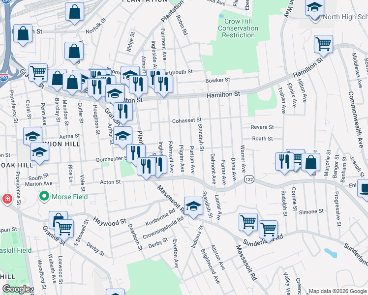 map of restaurants, bars, coffee shops, grocery stores, and more near 161 Pilgrim Avenue in Worcester