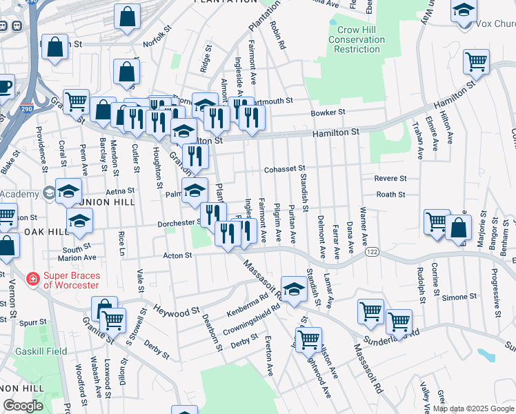 map of restaurants, bars, coffee shops, grocery stores, and more near 184 Fairmont Avenue in Worcester
