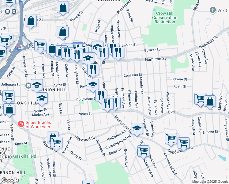 map of restaurants, bars, coffee shops, grocery stores, and more near 7 Village Street in Worcester