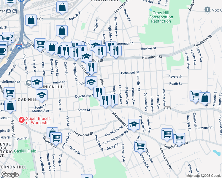 map of restaurants, bars, coffee shops, grocery stores, and more near 7 Village Street in Worcester
