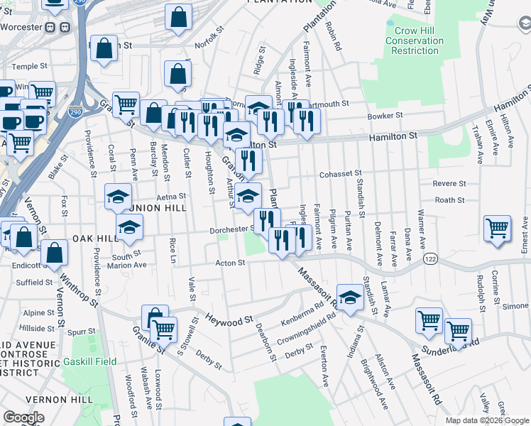 map of restaurants, bars, coffee shops, grocery stores, and more near 413 Grafton Street in Worcester