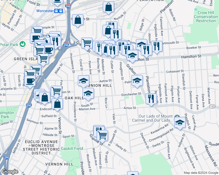 map of restaurants, bars, coffee shops, grocery stores, and more near 64 Cutler Street in Worcester