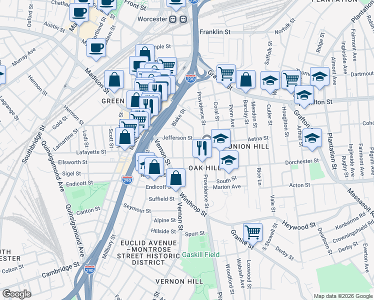 map of restaurants, bars, coffee shops, grocery stores, and more near 24 Jefferson Street in Worcester