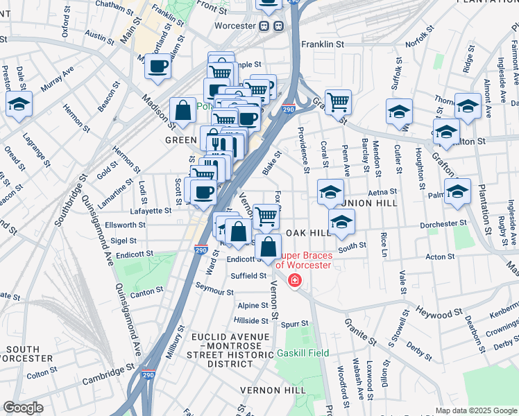 map of restaurants, bars, coffee shops, grocery stores, and more near 6 Jefferson Street in Worcester