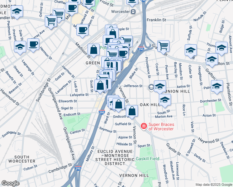 map of restaurants, bars, coffee shops, grocery stores, and more near 22 Vernon Street in Worcester