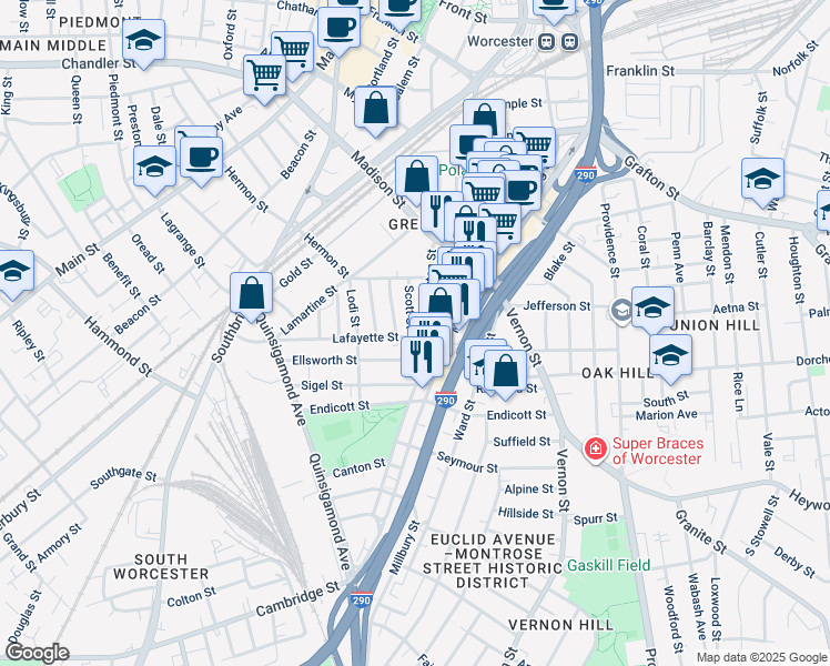 map of restaurants, bars, coffee shops, grocery stores, and more near 14 Scott Street in Worcester