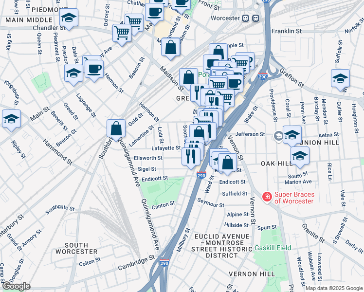 map of restaurants, bars, coffee shops, grocery stores, and more near 14 Scott Street in Worcester