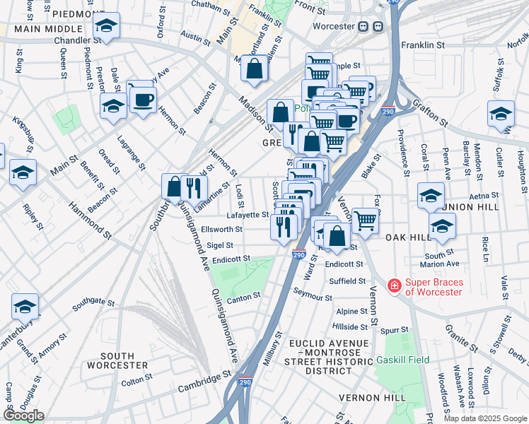 map of restaurants, bars, coffee shops, grocery stores, and more near 31 Grosvenor Street in Worcester